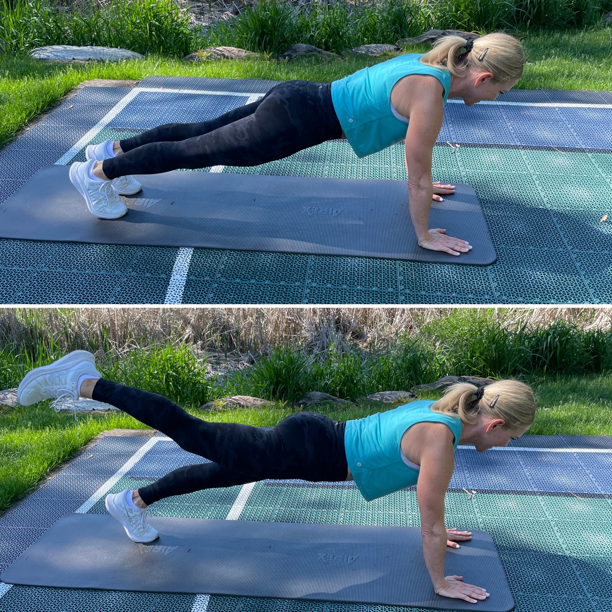 Chris Freytag wearing a blue tank top and black leggings demonstrating a plank with alternating hip extension