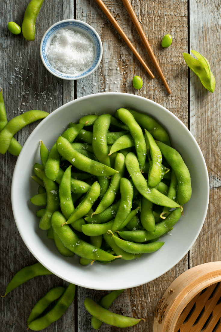 Edamame in a bowl with salt