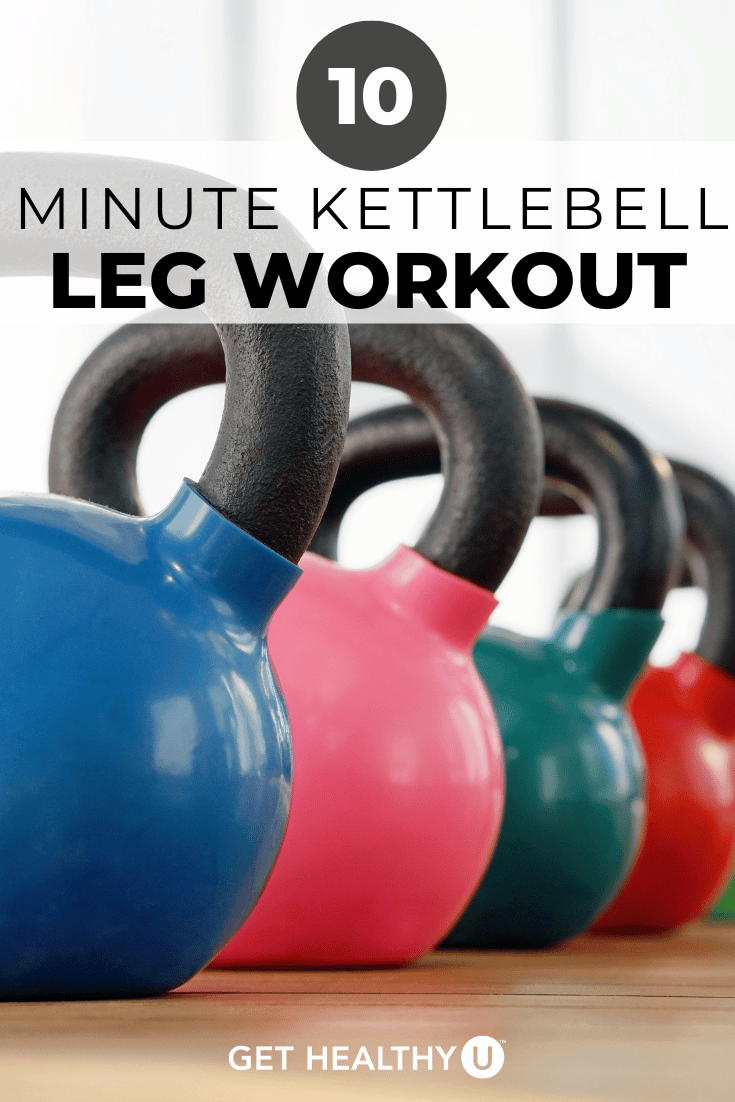 Colorful line of kettlebells with text "10 minute kettlebell leg workout" for pinterest