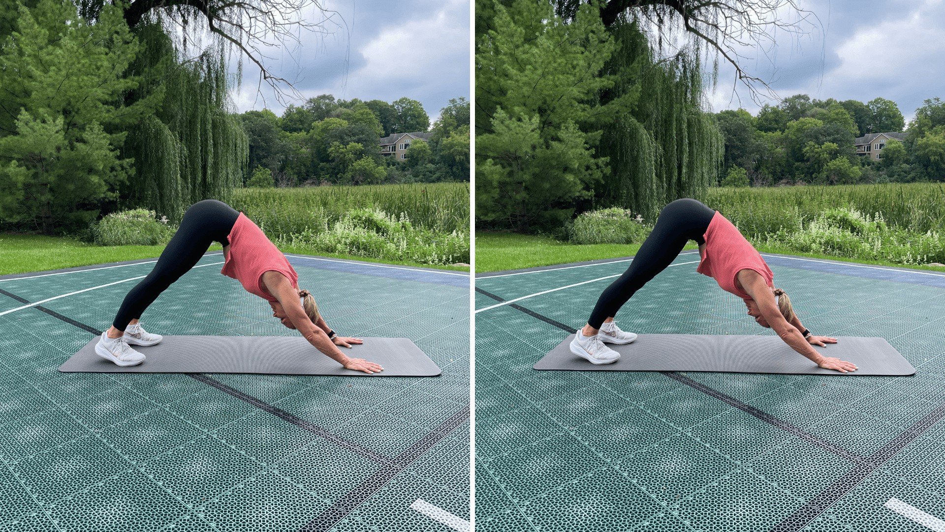 Chris Freytag wearing a orange tank top, on a yoga mat demonstrating the downward dog position