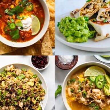 four images of healthy shredded chicken recipes prepared and ready to eat