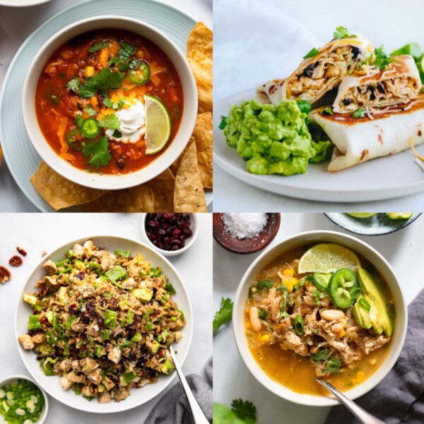 four images of healthy shredded chicken recipes prepared and ready to eat