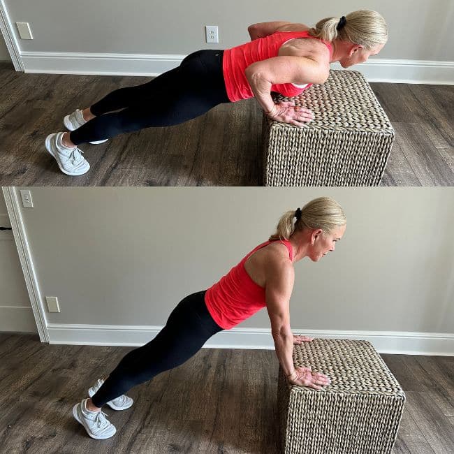 woman demonstrating incline push up variation