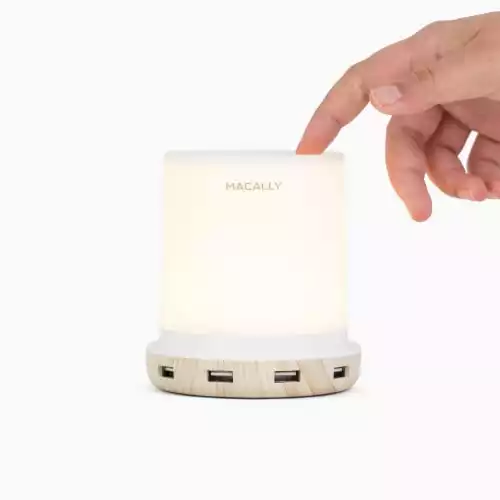 Macally Table Bedside Lamp with USB Ports - 4 Fast Charging Ports and Touch Control - USB Lamp with Dimmable Light - Perfect as Small Bedside Lamp for Nightstand or Bedside Night Light Charger USB