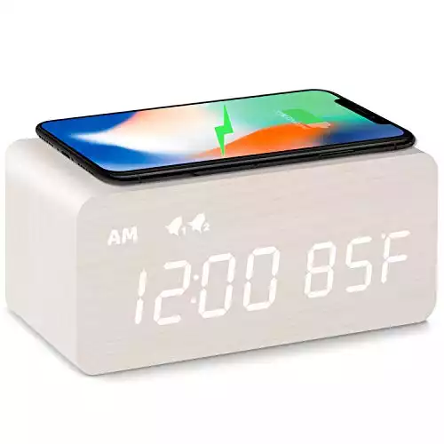 MOSITO Digital Wooden Alarm Clock with Wireless Charging, 0-100% Dimmer, Dual Alarm, Weekday /Weekend Mode, Snooze, Wood LED Clocks for Bedroom, Bedside, Desk, Kids (White)