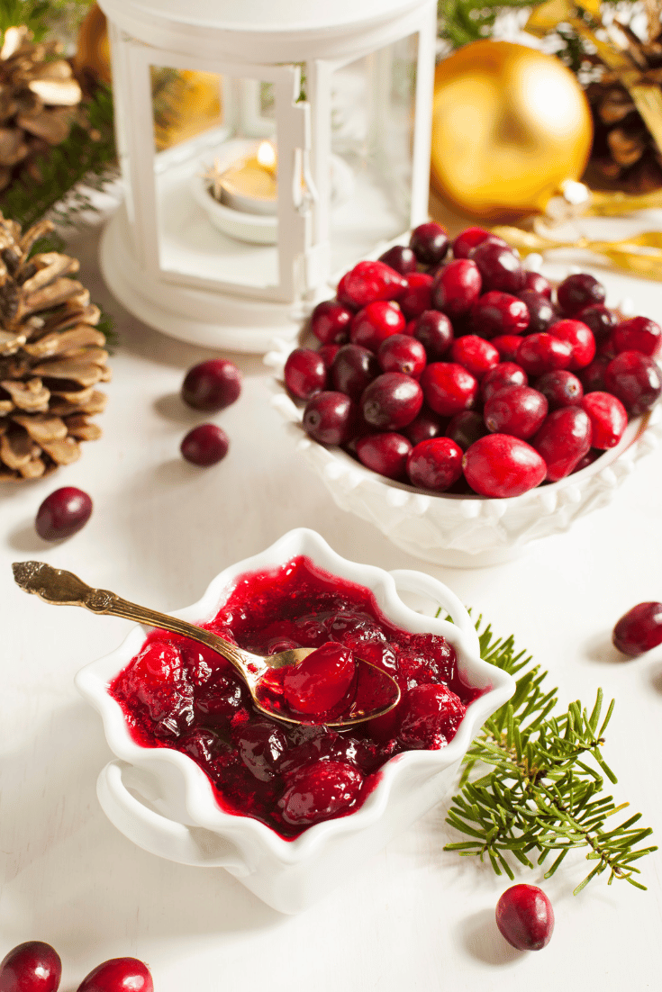 White bowl of healthy cranberry sauce  with gold spoon and large white bowl of fresh cranberries in background along with holiday decor of pine needles, pinecones and ornaments