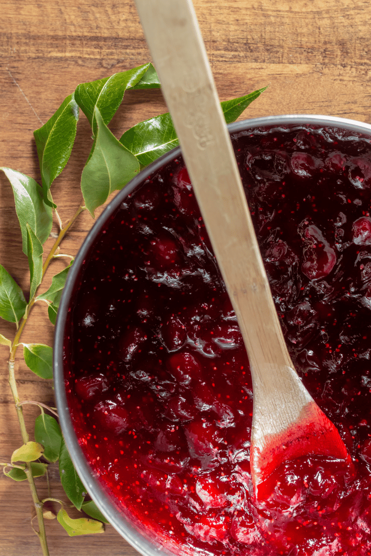 Pot of low sugar cranberry sauce  with wooden spoon and greenery