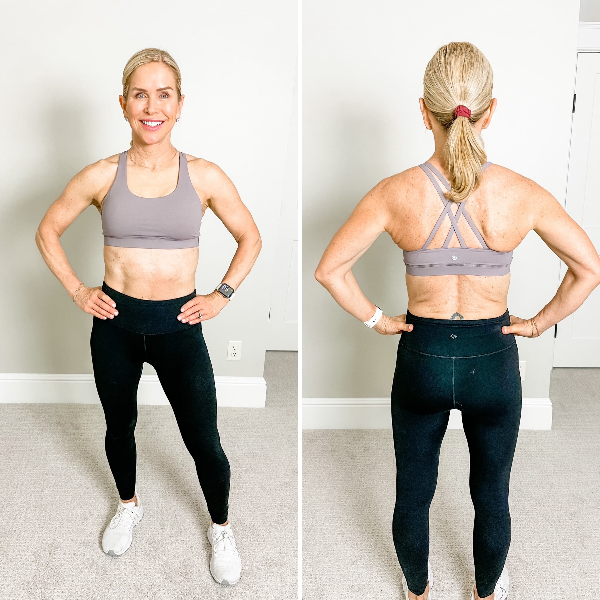 Chris Freytag wearing a grey strappy sports bra and black leggings in front of a white wall.