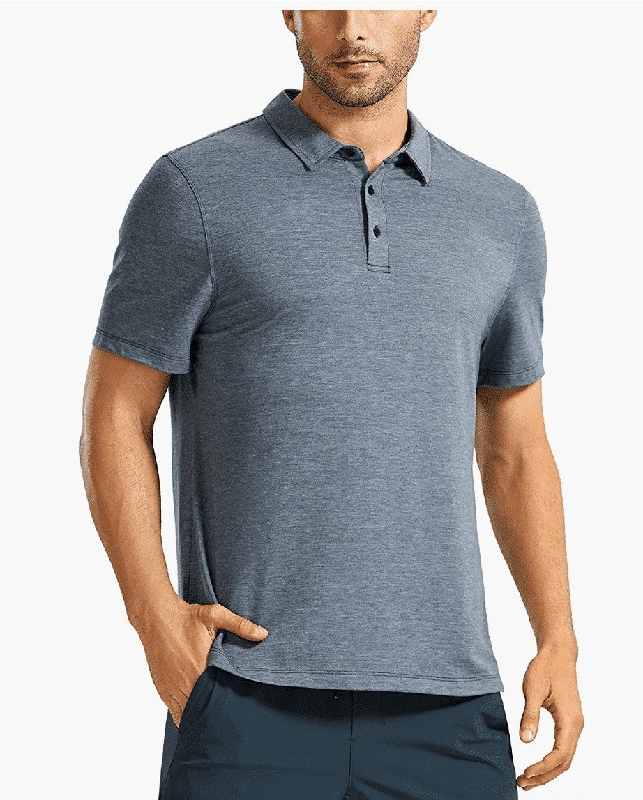 Man modeling a grey/ blue golf polo.