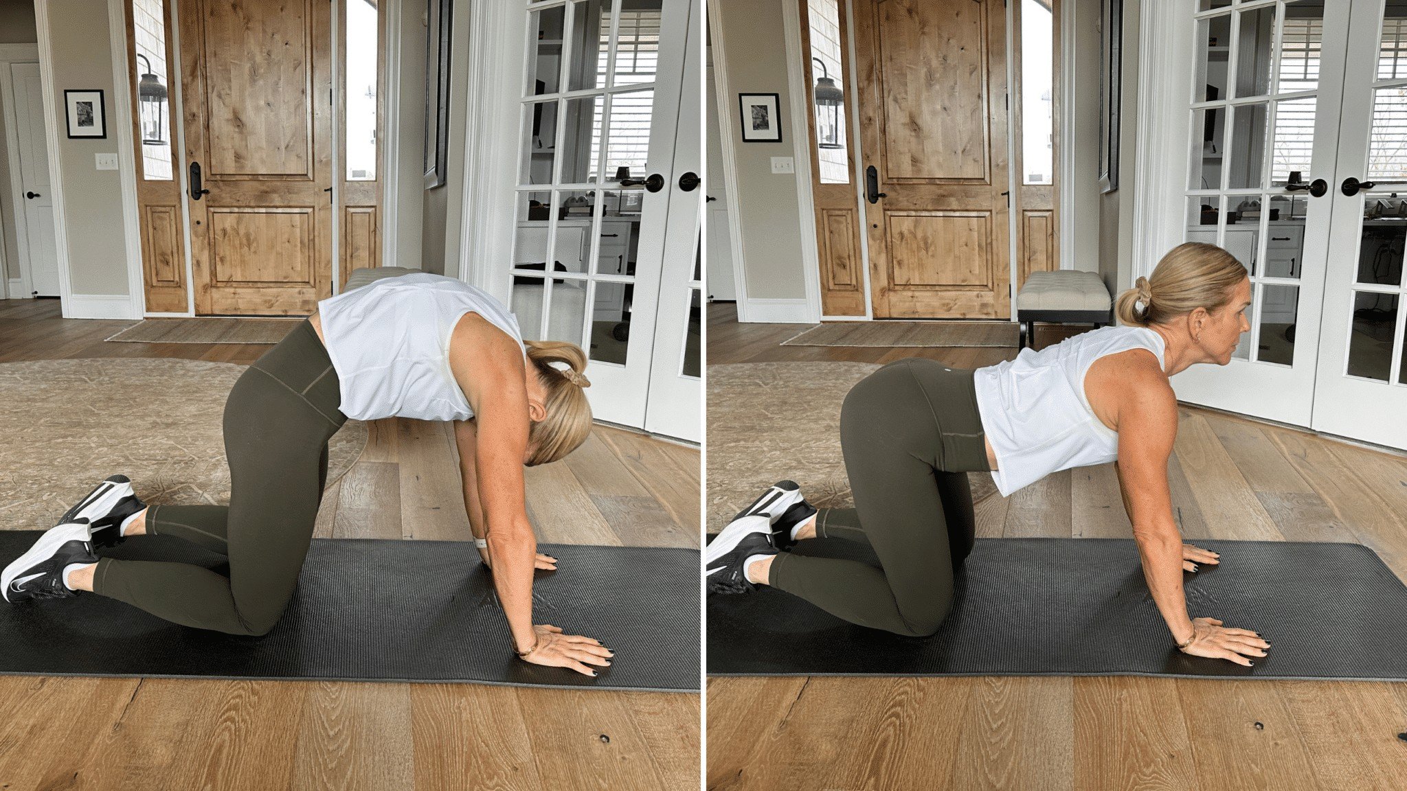 Chris Freytag wearing a white tank top and green leggings with two photos showing the starting point and ending point of the stretch cat/ cow. 