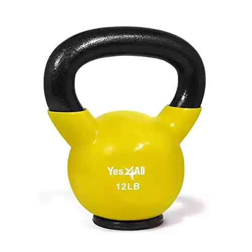Yes4All Vinyl Coated Kettlebell With Protective Rubber Base, Strength Training Kettlebells for Weightlifting, Conditioning, Strength & Core Training (12Lb - Yellow)