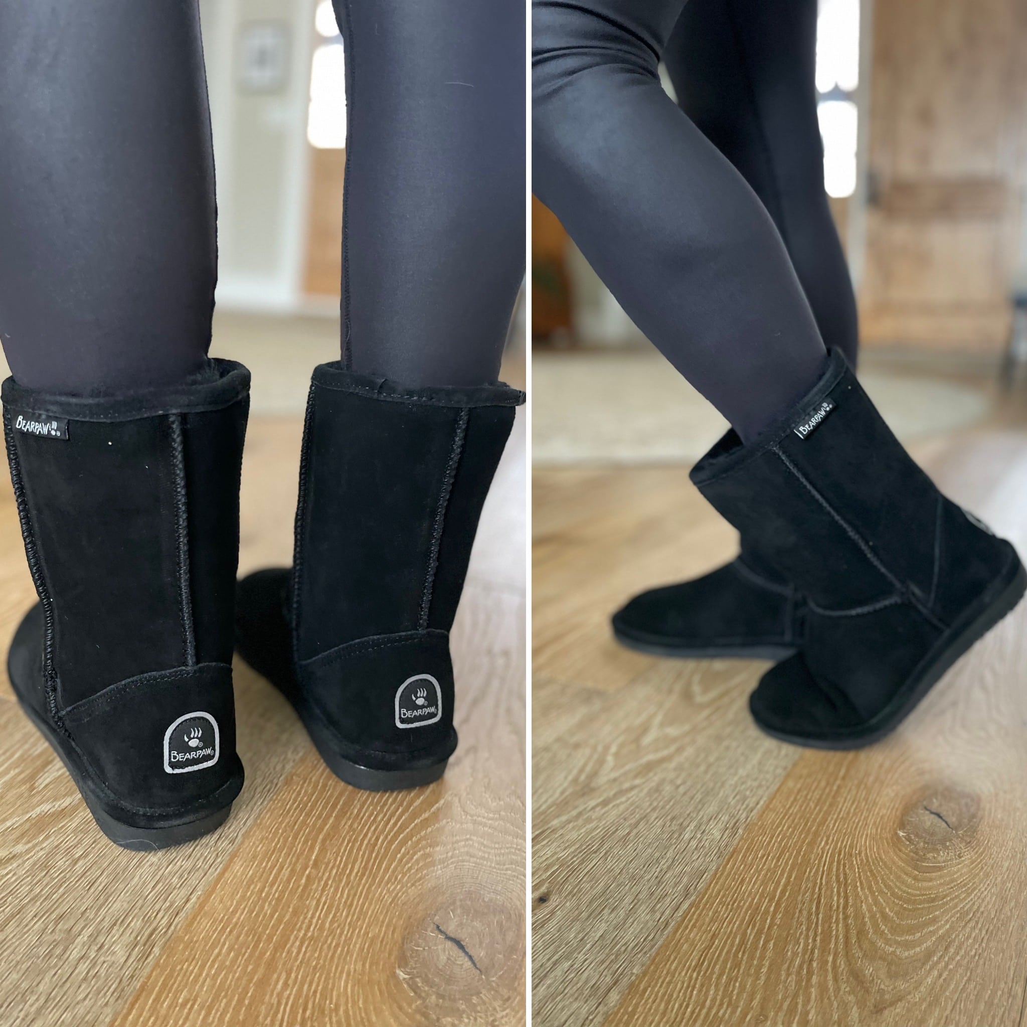 Side by side photo of black mid-calf bearpaw boots.