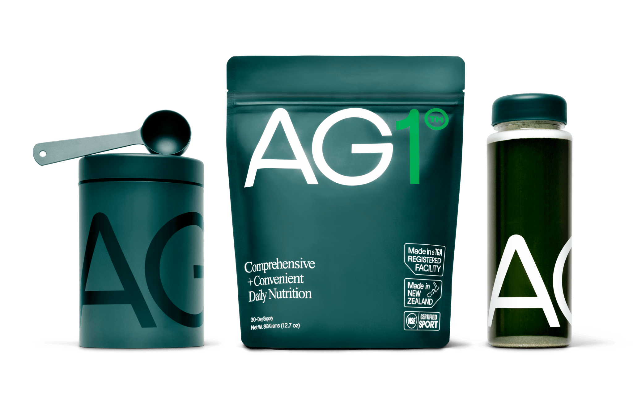 Athletic Greens pouch, travel packet, shaker bottle, and powder.