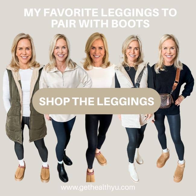 five outfits showing different leggings on amazon paired with boots