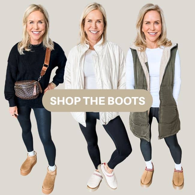 woman showing three different ugg lookalike outfits from amazon
