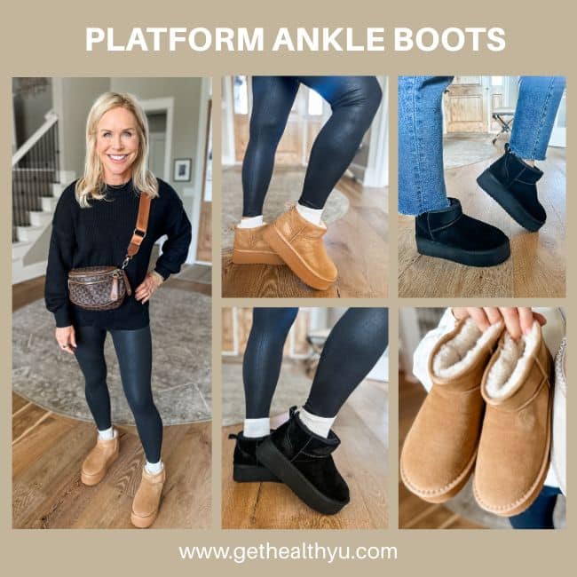 woman showing platform ugg lookalike boots on amazon