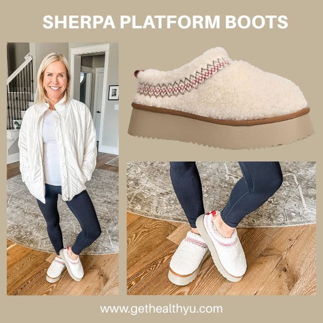 woman showing sherpa braided ugg lookalike platform slippers