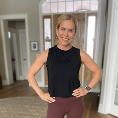 Chris Freytag in black crop top workout tank from Amazon and leggings