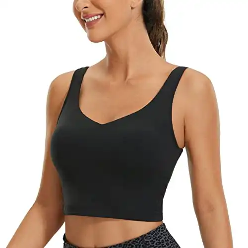 CRZ YOGA Butterluxe Womens V Neck Longline Sports Bra - Padded Workout Crop Tank Top with Built in Bra