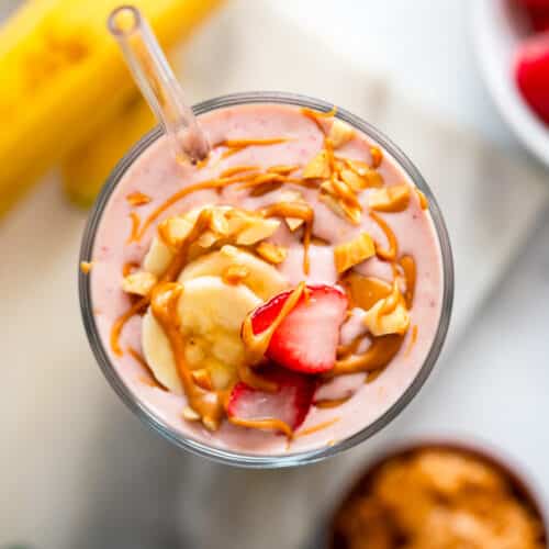 top view of strawberry peanut butter smoothie recipes prepared