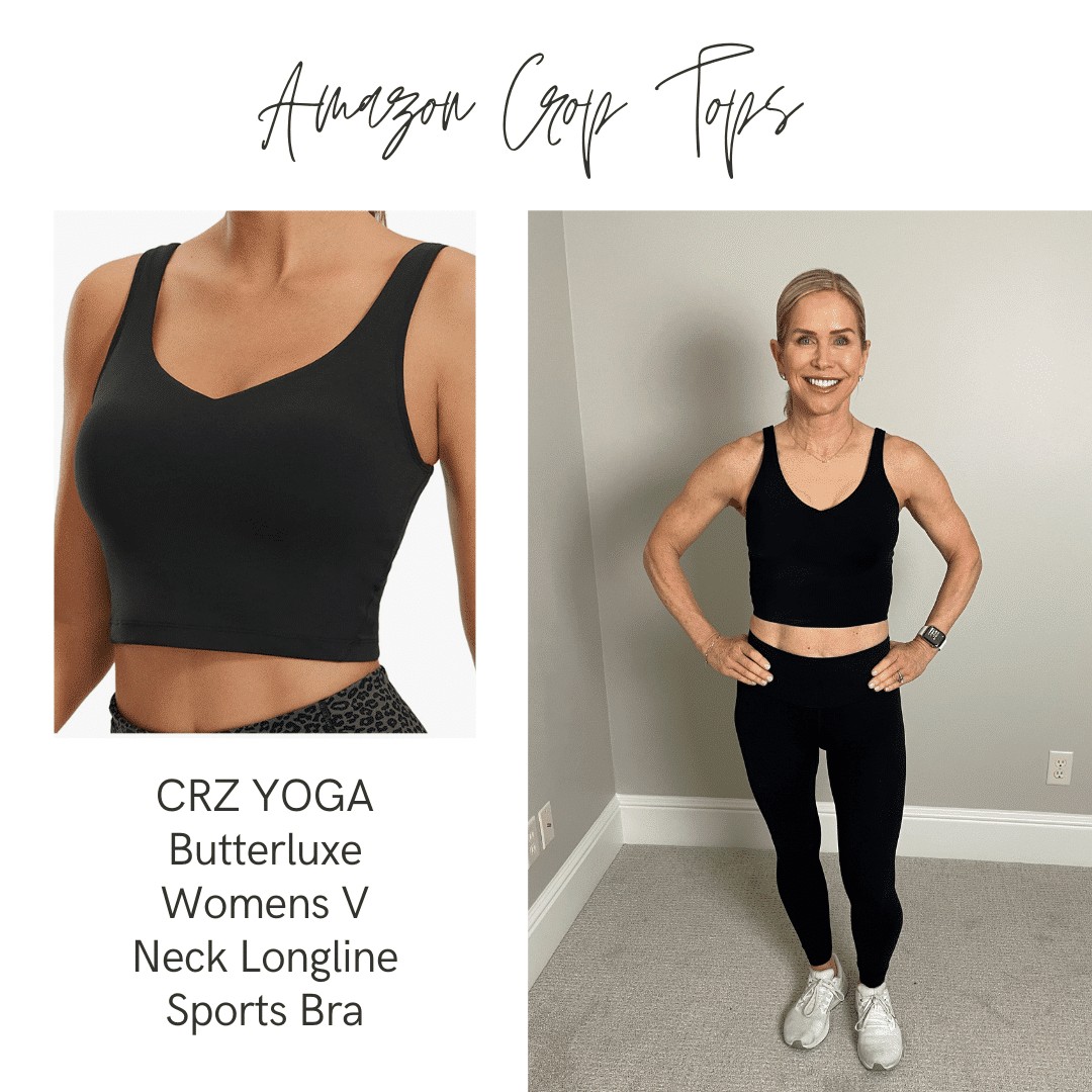 Graphic with text copy: "Amazon Crop Tops" and CRZ Yoga Butterluxe Women's V Neck Longline Sports Bra - and pictures of Chris Freytag wearing a black crop top and black leggings. 