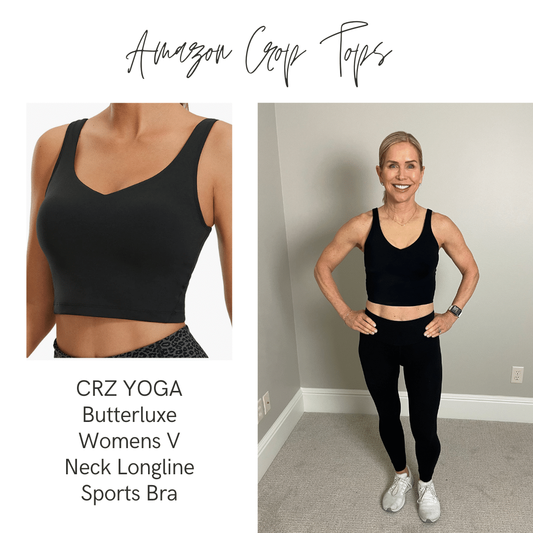 Graphic with text copy: "Amazon Crop Tops" and CRZ Yoga Butterluxe Women's V Neck Longline Sports Bra - and pictures of Chris Freytag wearing a black crop top and black leggings.