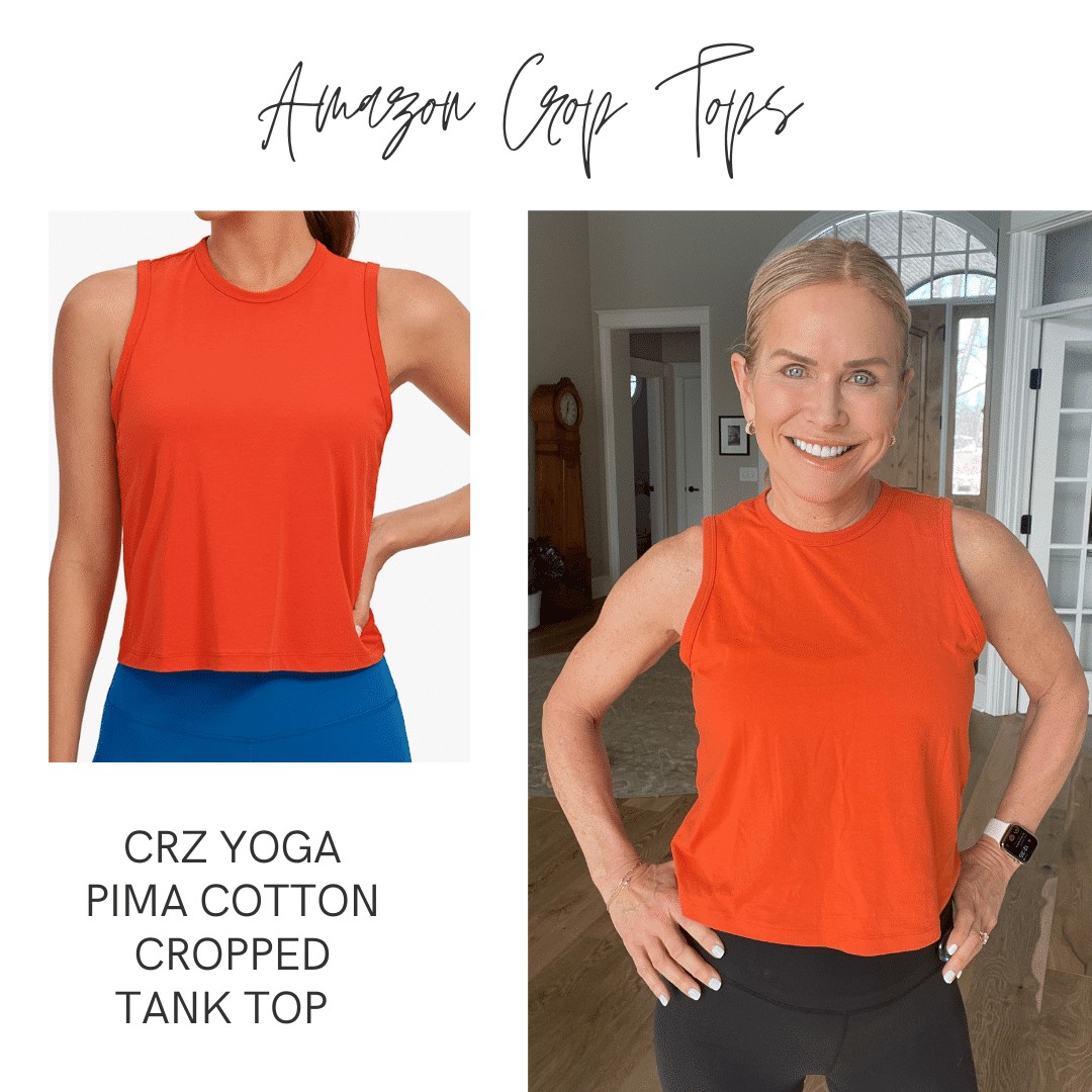 Chris Freytag wearing brick orange workout tank top with text copy: "Amazon Crop Tops CRZ Yoga Pima Cotton Cropped Tank Top" 