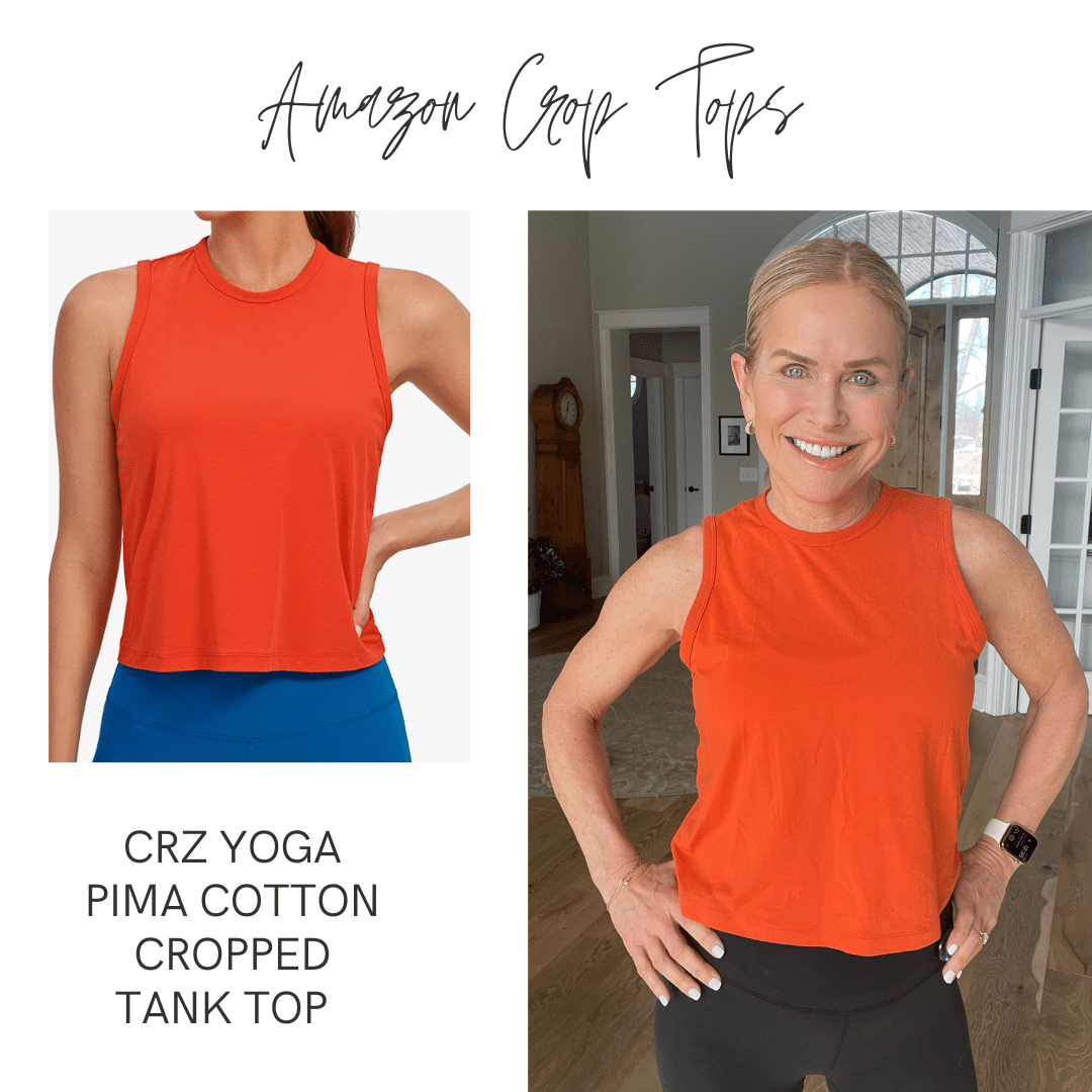 Chris Freytag wearing brick orange workout tank top with text copy: "Amazon Crop Tops CRZ Yoga Pima Cotton Cropped Tank Top"