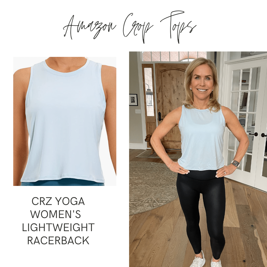 Graphic with text copy: "Amazon Crop Tops" CRZ Yoga Women's Lightweight Racerback - Chris Freytag wearing light blue tank top.