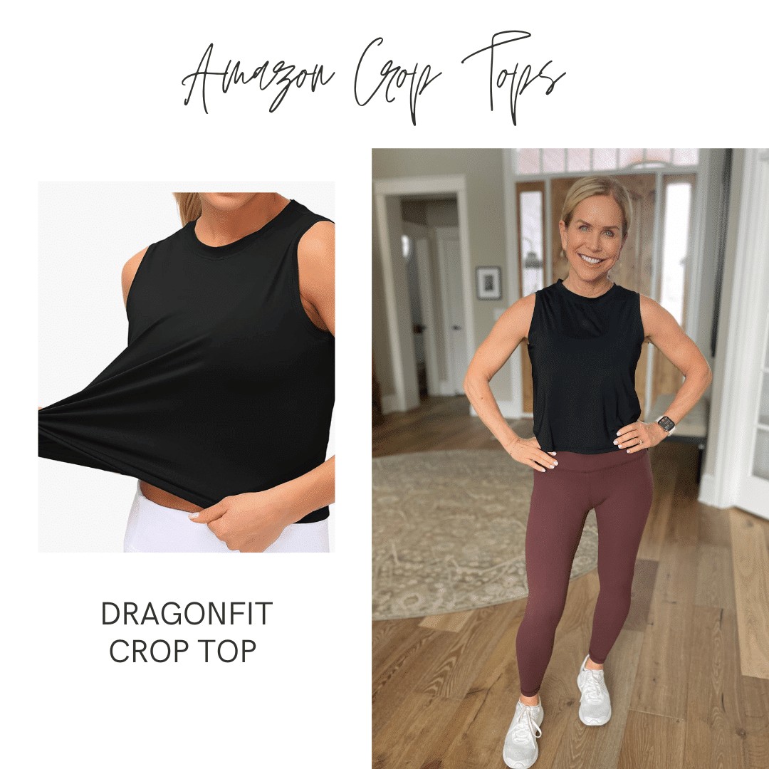 Graphic with text copy: "Amazon Crop Tops" Dragonfit Crop Top - Chris Freytag wearing a black tank top with maroon leggings. 