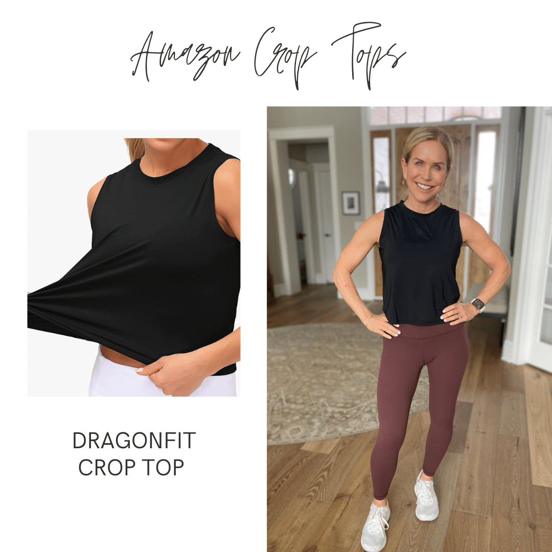 Graphic with text copy: "Amazon Crop Tops" Dragonfit Crop Top - Chris Freytag wearing a black tank top with maroon leggings.