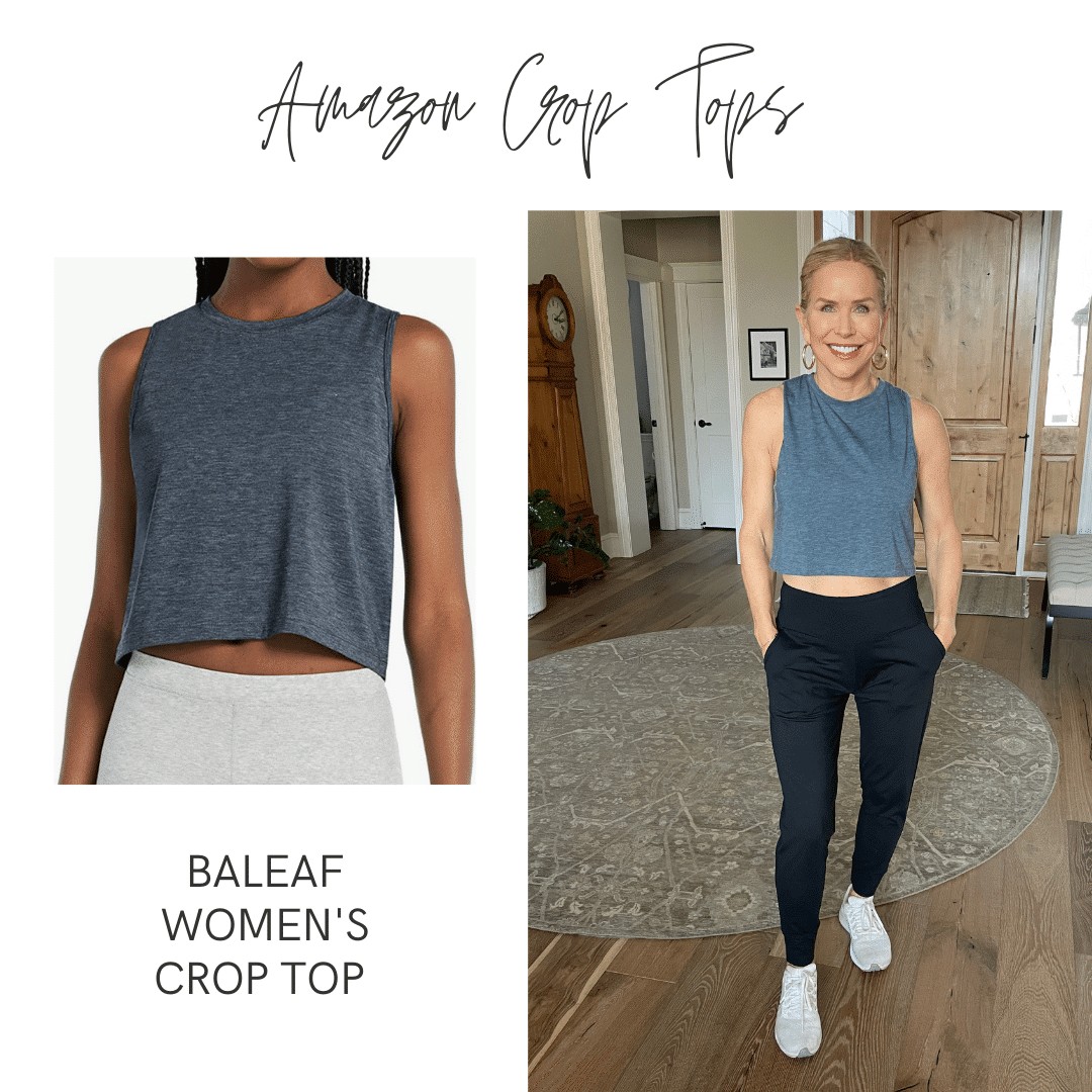 Graphic with text copy: "Amazon Crop Tops" Baleaf Women's Crop Top - Chris Freytag wearing a blue crop top and black joggers. 