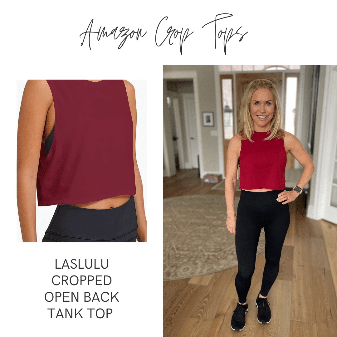 Graphic with text copy: "Amazon Crop Tops" LASLULU Open Back Tank Top - Chris Freytag wearing a maroon crop top and black leggings. 