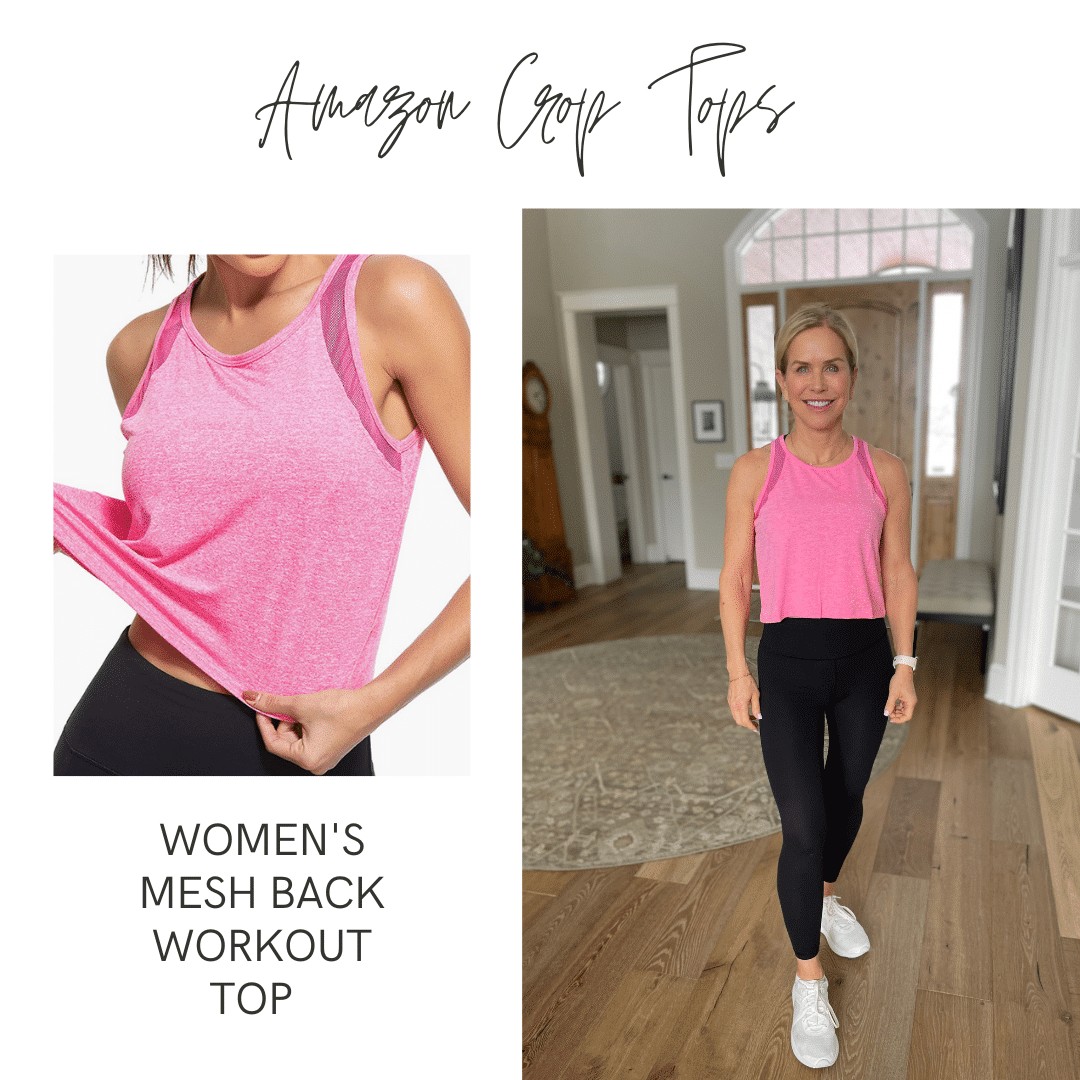 Graphic with text copy: "Amazon Crop Tops" LASLULU Open Back Tank Top - Chris Freytag wearing a pink top and black leggings. 