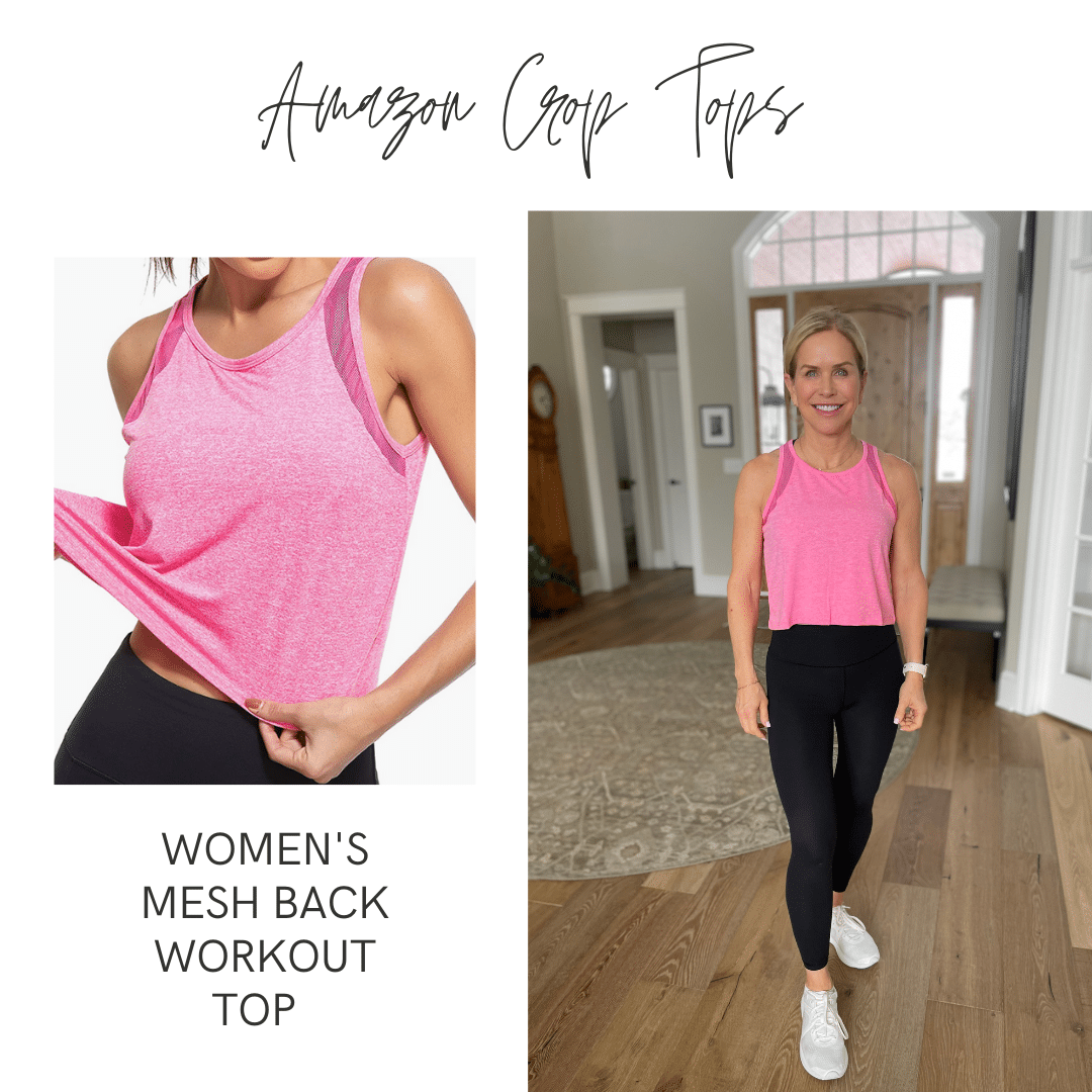 Graphic with text copy: "Amazon Crop Tops" LASLULU Open Back Tank Top - Chris Freytag wearing a pink top and black leggings.