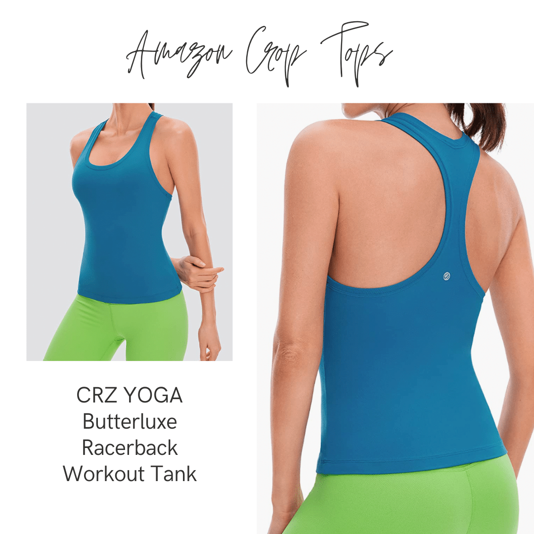 Graphic with text copy: "Amazon Crop Tops" LASLULU Open Back Tank Top - Photos of a blue tank top and green bottoms, both the front and the back of the tank top.