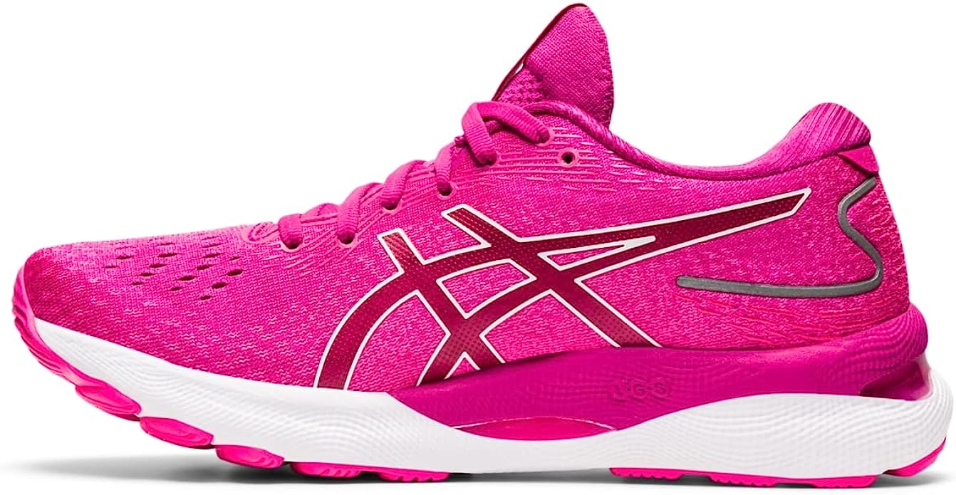Bright pink Ascics tennis shoes that are good for plantar fasciitis