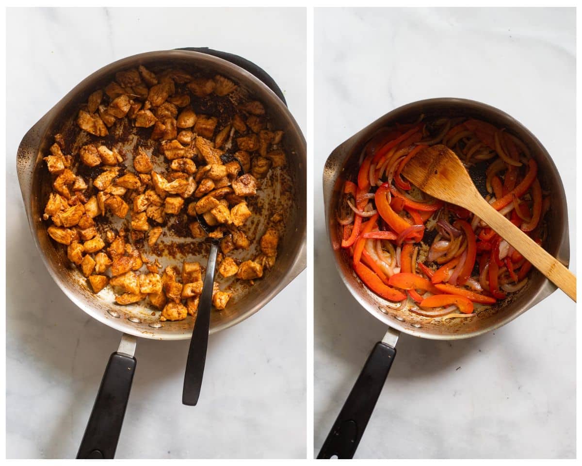 collage of 2 images, seasoned cooked chicken in a skillet on left and fajita vegetables in a skillet on right.