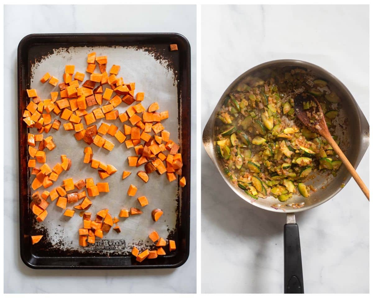 collage of 2 images; a sheet pan with cubed potatoes on the left and a skillet with cooked veggies on the right.