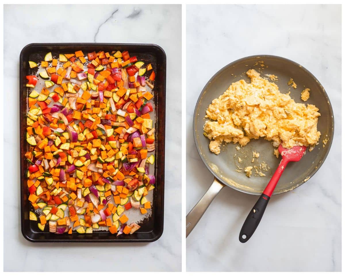 collage of 2 images, left image is vegetables on a sheet pan and right image is scrambled eggs in a skillet.