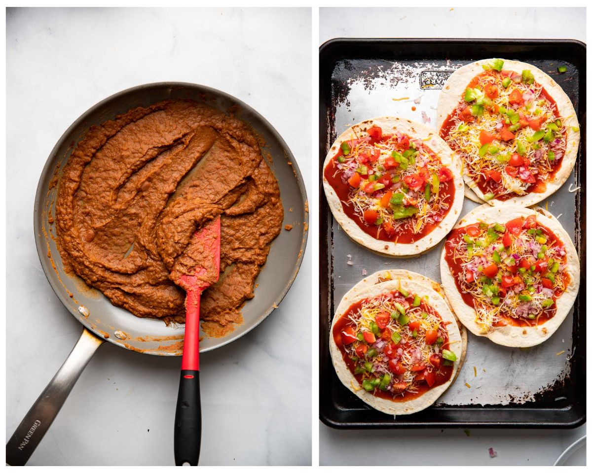 collage with 2 images, refried beans in a skillet on the left, assembled Mexican pizzas on a baking sheet on the right.