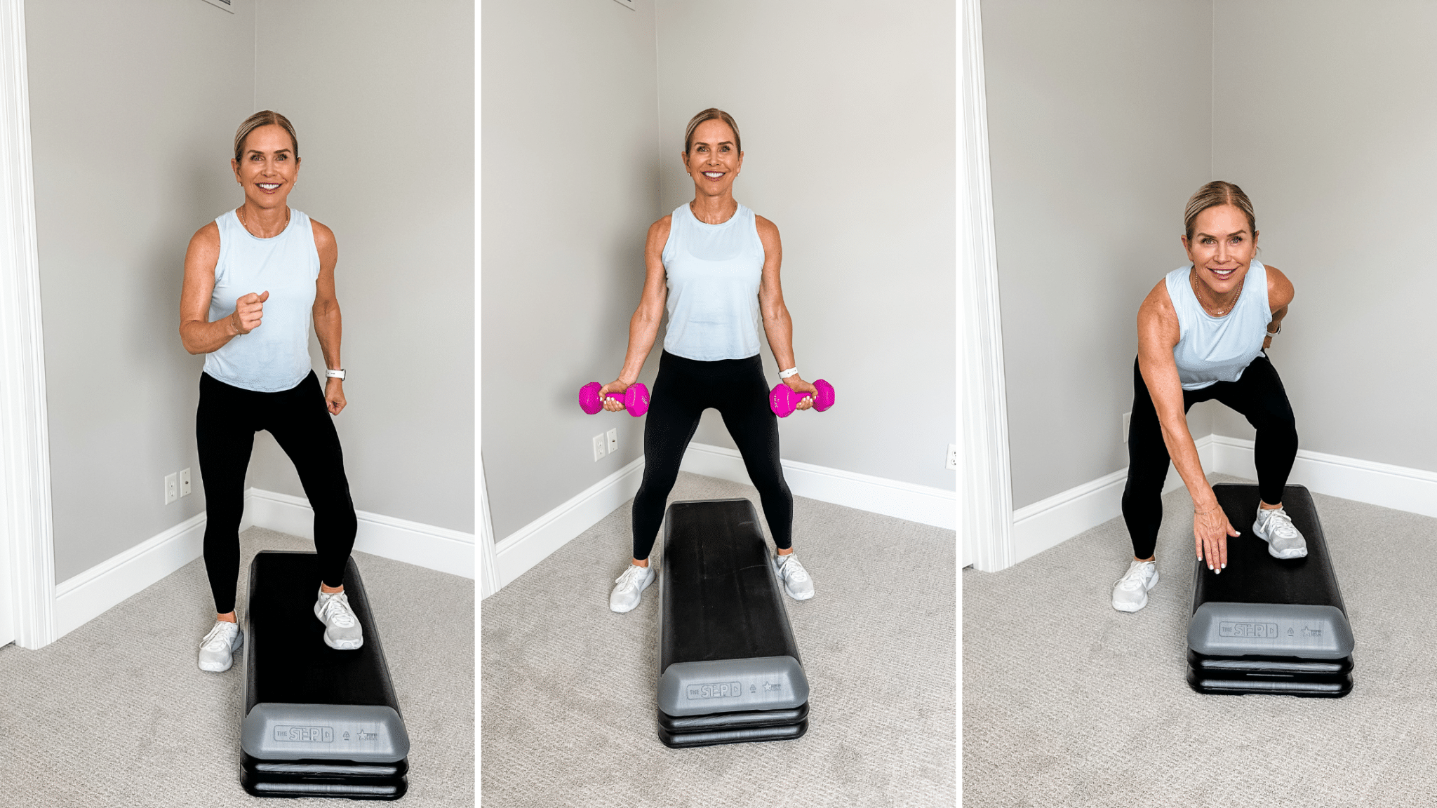 3 images of Chris Freytag doing exercises on the step platform for a step workout at home.