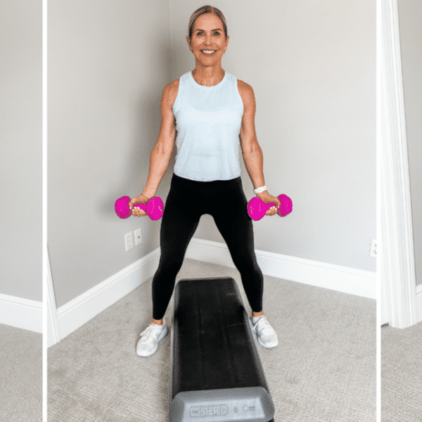 3 images of Chris Freytag doing exercises on the step platform for a step workout at home.