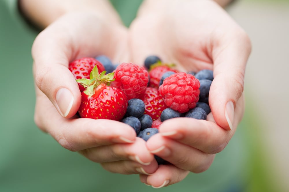 A person holding a handful of berries.