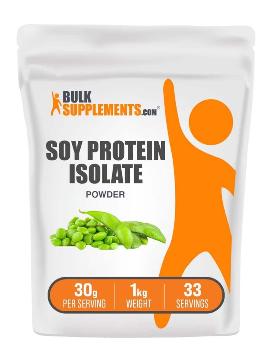 A large bag of Bulk Supplements.com Soy Protein featuring an orange figure and peas.