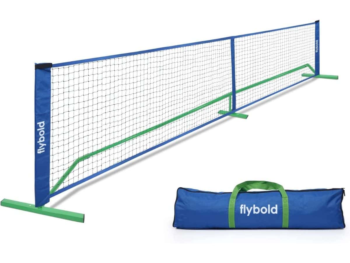 A blue and green Flybold pickleball net with a blue and green carrying case.