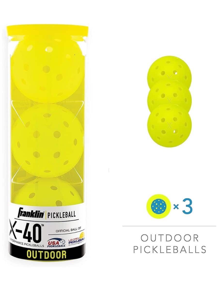 A can of three yellow Franklin Sports pickleballs.
