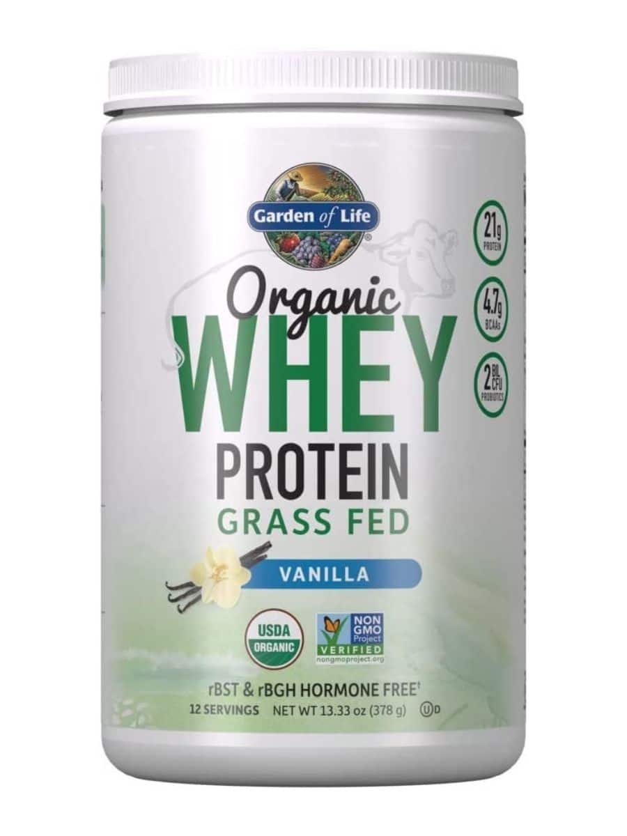 A large, round container of Garden of Life Whey Protein.