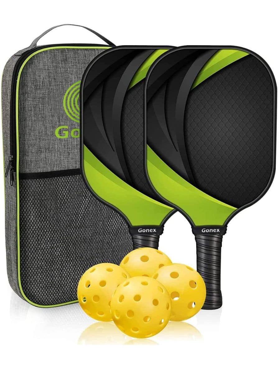 A set of two green and black Gonex pickleball paddles with four pickleballs and a carrying case.