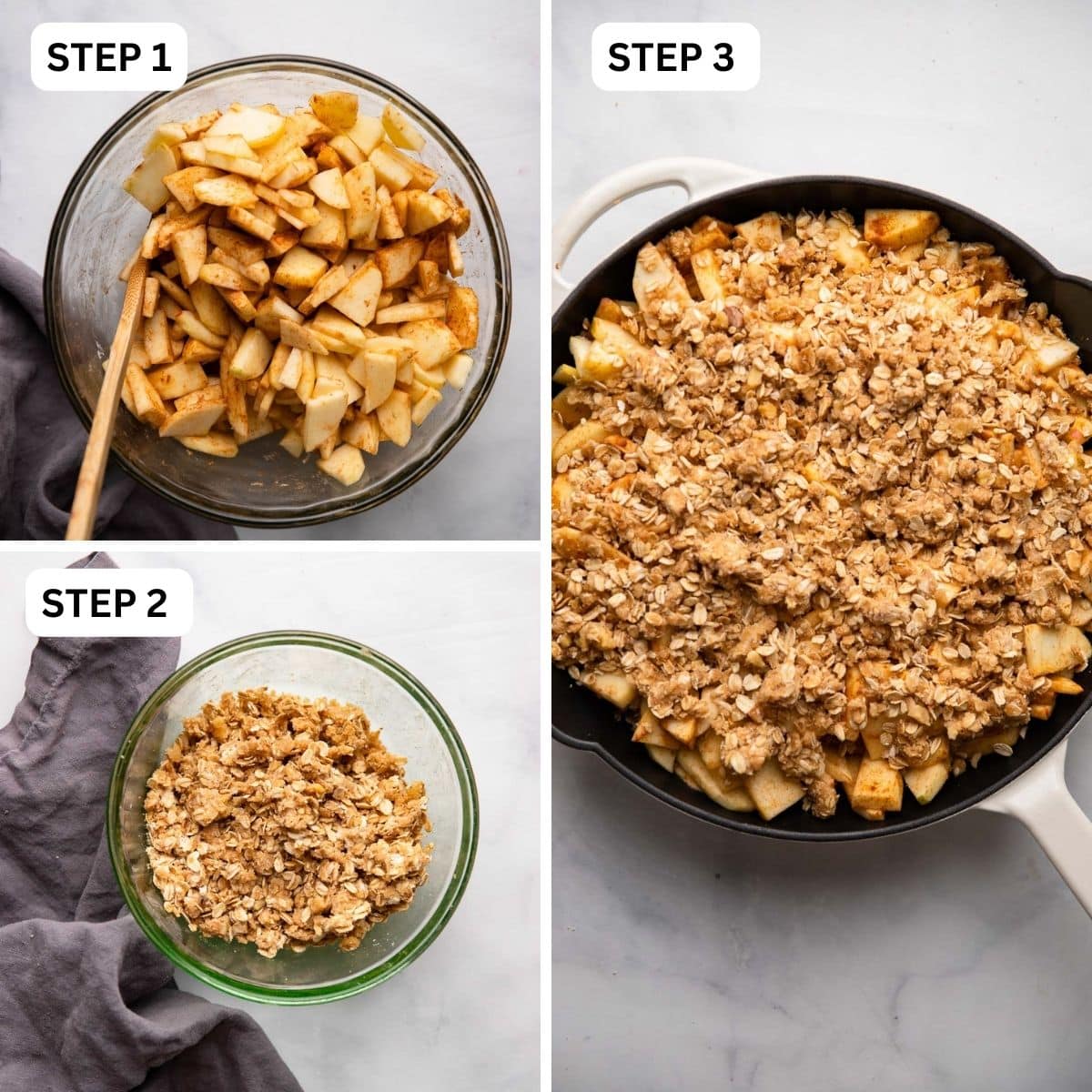 collage of 3 images for making the apple crisp: one with apples and spices in a bowl, second with topping mixed in a bowl, third with assembled crisp in a skillet.